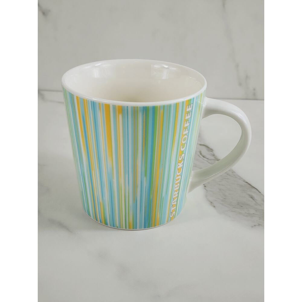 Starbucks Coffee Mug Cup Yellow Blue Stripes 16oz Year 2005 Drinkware 4" Vintage